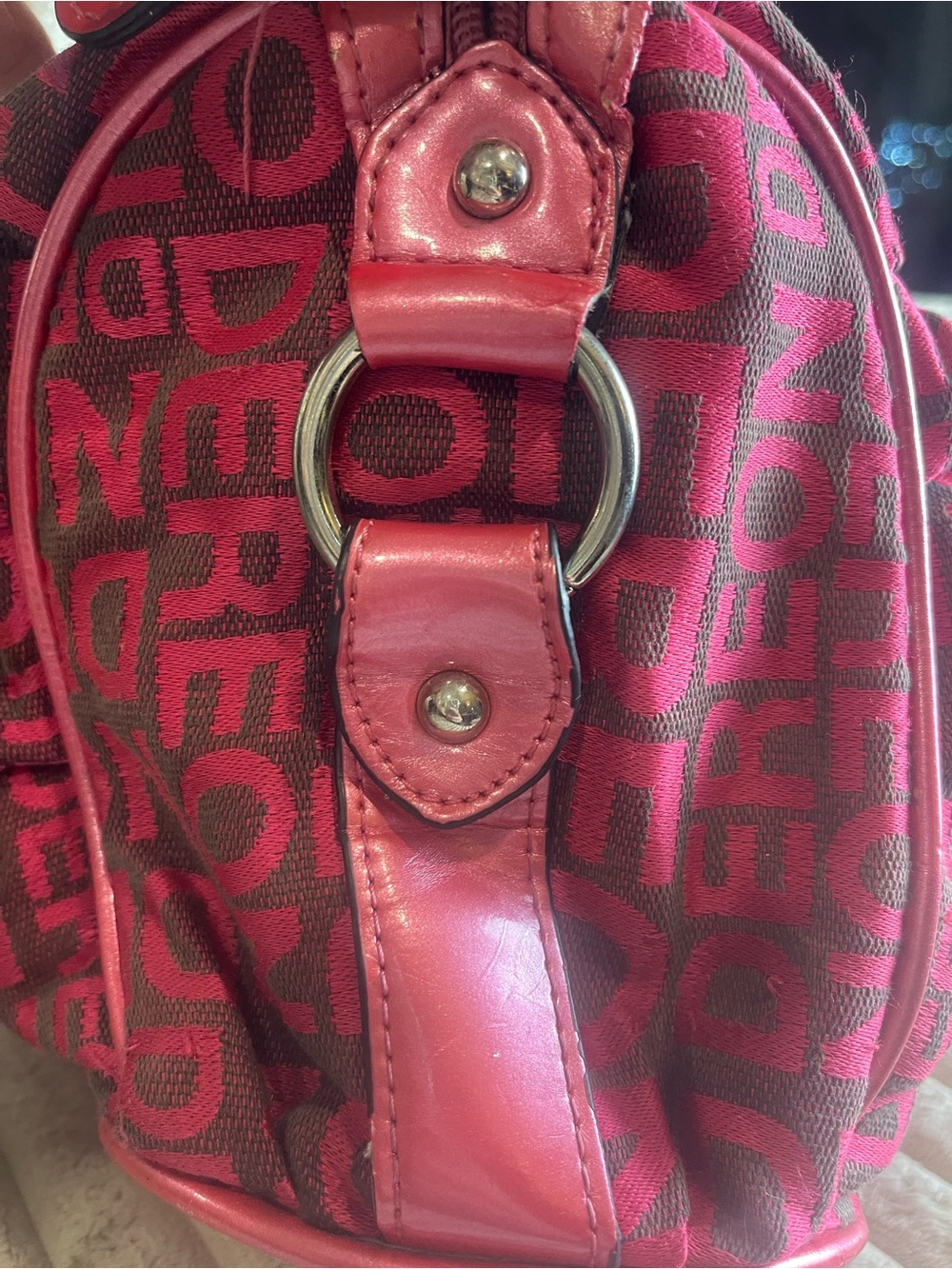 Dereon Pink Brown Monogram Satchel Shoulder Bag Purse Hardware Accents - Picture 8 of 10